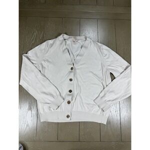 Tory Burch Cardigan Womens Small White Cotton V‎ Neck Button Front Classic Chic